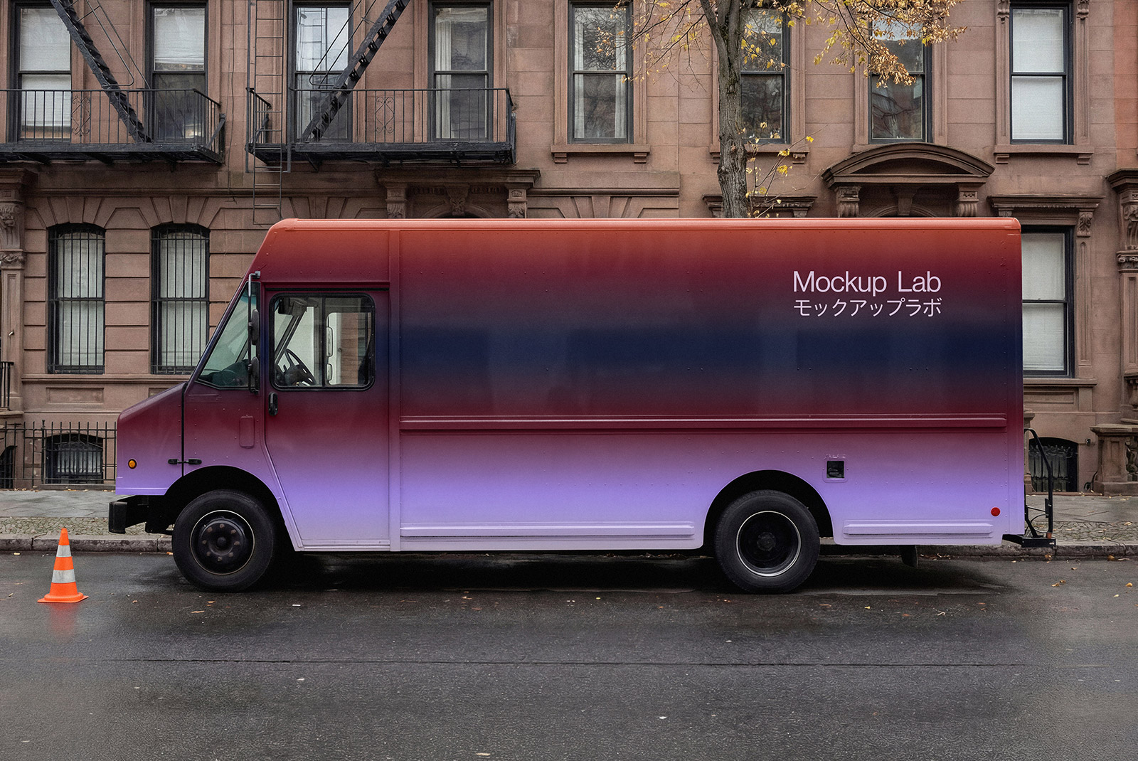 A white van mockup is parked at an angle, displaying a custom design on its side.